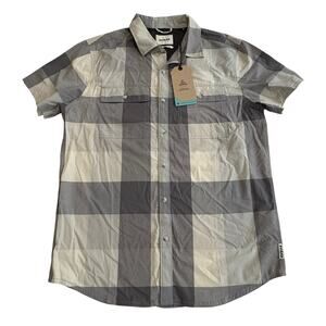 New Prana Button Up Shirt Vented Breathable Gray White Plaid Hiking Outdoor S